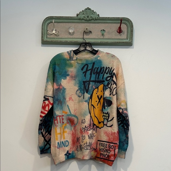Source Unknown Sweaters - Happy graffiti streetwear Colorful Graphic Sweater women’s large